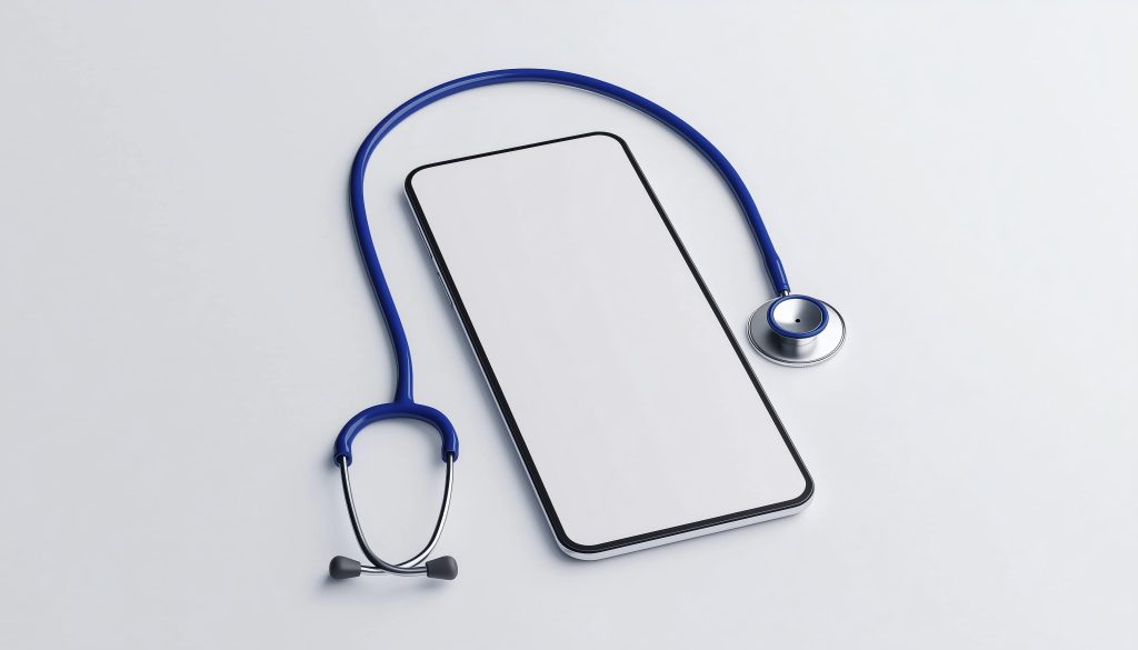 Phone Mockup With Stethoscope For Health Checks In Medical Clinic Communication With Patients: Telemedicine Consultation With Doctor Phone Mockup With Stethoscope For Health Checks In Medical Clinic Communication With Patients: Telemedicine Consultation With Doctor